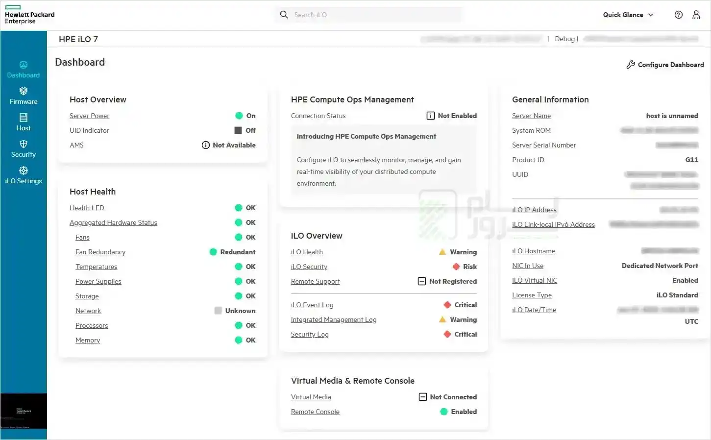 داشبورد اصلی HPE iLO 7 با نمایش Host Health، iLO Overview و General Information
